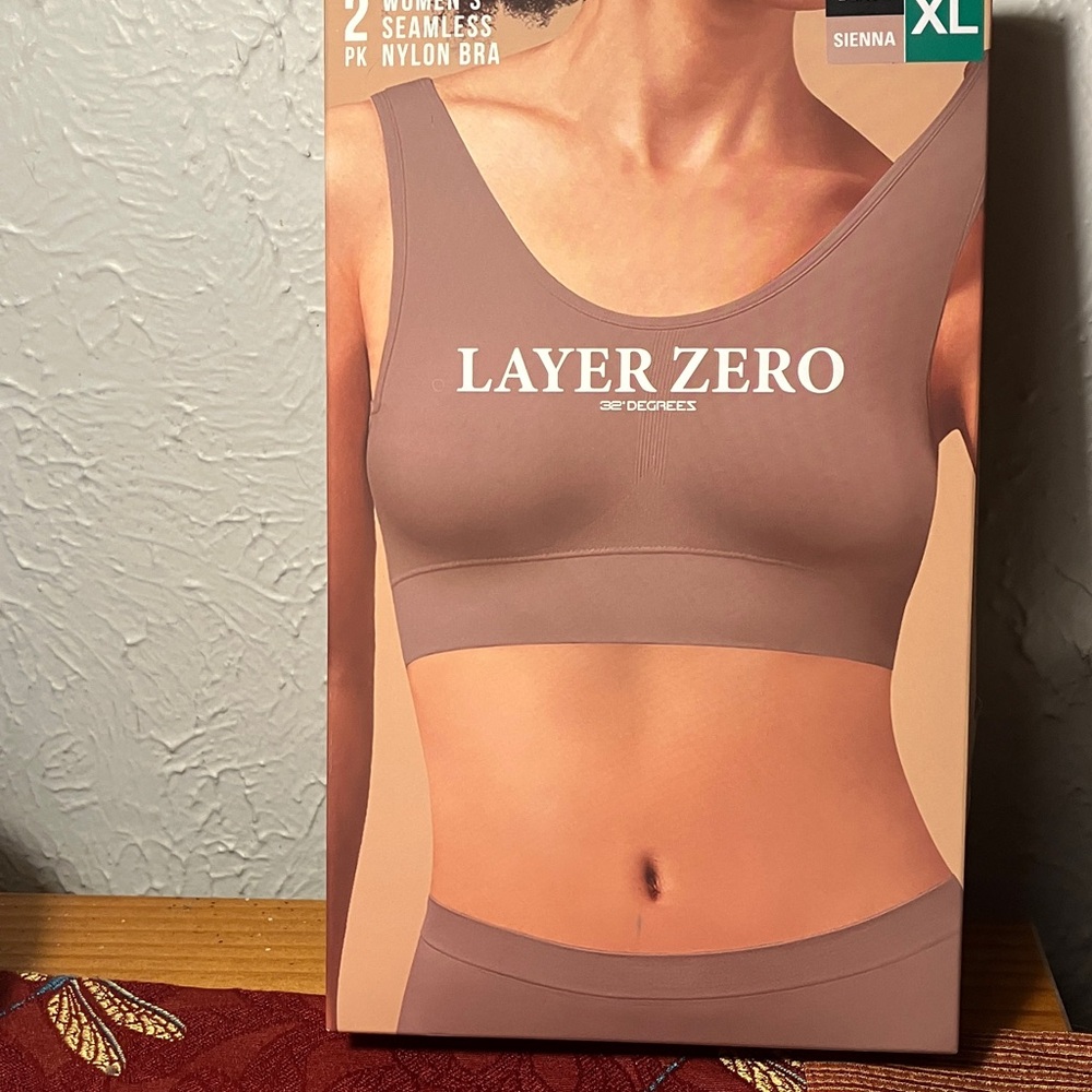 32 Degrees Women's 2-Pack Layer Zero Seamless Nylon Bra, Black/Sienna NIB